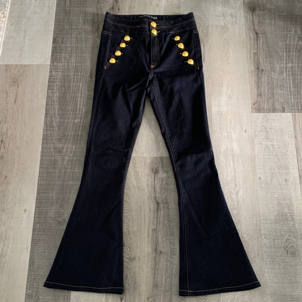 VERONICA Beard Navy Flare Jeans with Gold Buttons